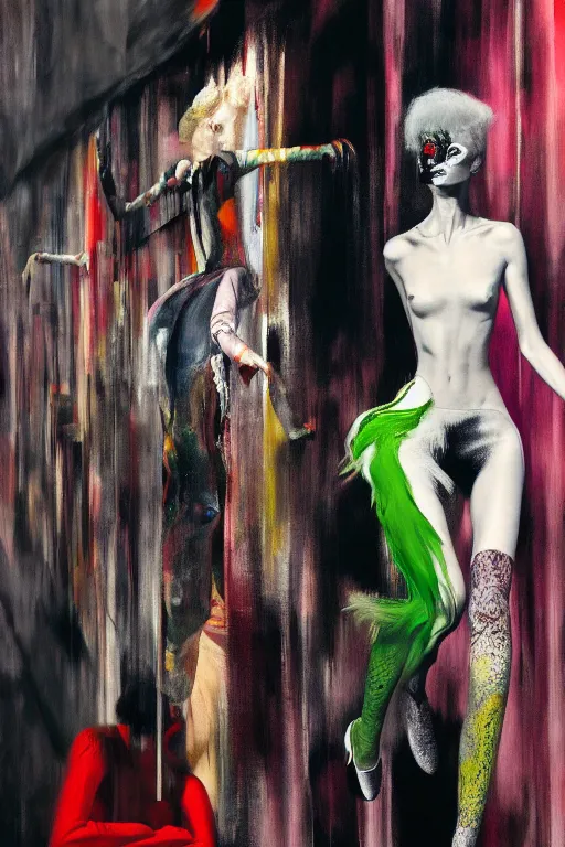 Image similar to crazy fashion catwalk, one model, crazy clothes, hauntingly surreal, highly detailed painting by francis bacon, edward hopper, adrian ghenie, gerhard richter, and james jean soft light 4 k,