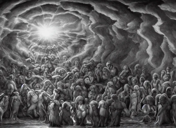 Image similar to crowd of people, water portal to hell located in heaven, photorealistic, rule of thirds, 4 k, dark bright effect, alvah angelrune, michelangelo, version 3