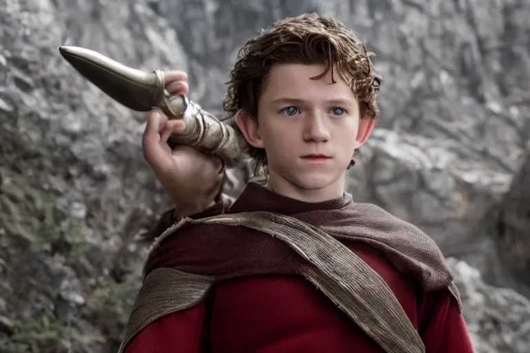 Image similar to young tom holland plays an elf in the lord of the rings return of the king, highly detailed, cinematic lighting, 4 k, arricam studio 3 5 mm film camera, kodak 5 2 7 9 ( tungsten - balanced ) film stock