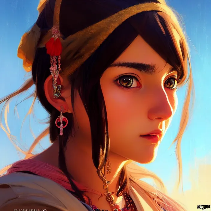 Image similar to a comic portrait of an gypsy girl, fine - face, realistic shaded perfect face, fine details, jewelry, night setting. very anime style. realistic shaded lighting poster by ilya kuvshinov katsuhiro, magali villeneuve, artgerm, jeremy lipkin and michael garmash, rob rey and kentaro miura style, trending on art station