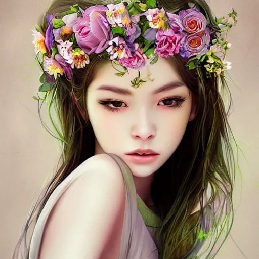 Prompt: a gorgeous flower princess portrait by WLOP, artgerm , ultra realistic, mystical, detailed flowers, SSS , vibrant colours, cgsociety