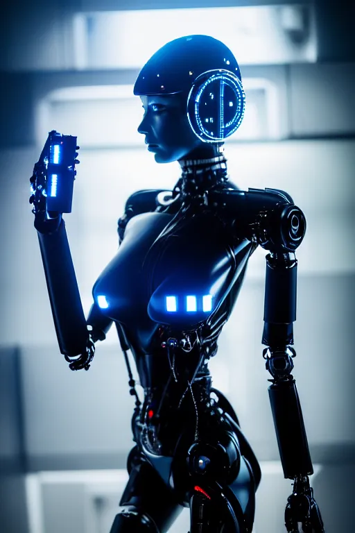 Image similar to cybernetic ultra high tech female robot with cat ears, sci - fi, blade runner, cyberpunk, high tech, futurism, exoskeleton, symmetry, cinematic, elegant, luxury, perfect light, perfect composition, dlsr photography, sharp focus, 8 k, ultra hd, sense of awe, highly detailed, realistic, intricate, science journal cover