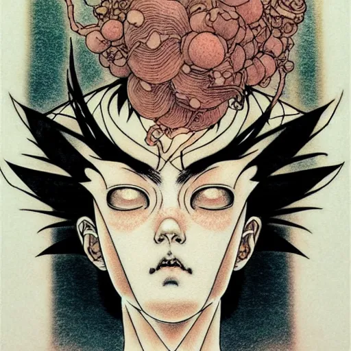 Image similar to prompt: Fragile looking character soft light portrait face drawn by Takato Yamamoto and Katsuhiro Otomo, tattooed face, inspired by Akira 1988 anime, alchemical objects on the side, soft light, intricate detail, intricate gouache painting detail, sharp high detail, manga and anime 2010