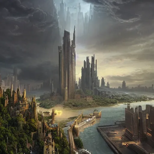 Image similar to an ultra detailed matte painting of the one impossibly tall ominous dark tower elevated high above the city, on an island in a river elevated high above the city fortress tower, fantasy capital city, ultrawide lense, aerial photography, volumetric lighting, exquisite detail, octane render, 8 k postprocessing, art by artgerm and greg rutkowski and alphonse mucha