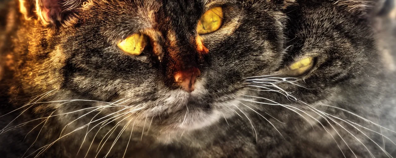 Image similar to close-up photo of a warrior cat in a battle scene, shallow depth of field, photorealistic, cinematic lighting, warm colours, dusk