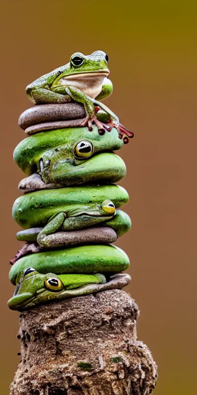 Prompt: a tower of frogs stacked on top of each other, 4k nature photography