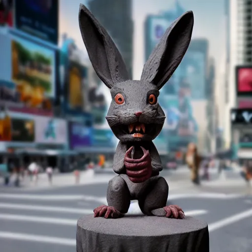 Image similar to a realistic plasticine sculpture of a very scary bunny with sharp teeth made by michelangelo, standing in times square, 3 d render, hyper detailed, sharp focus, 8 k resolution