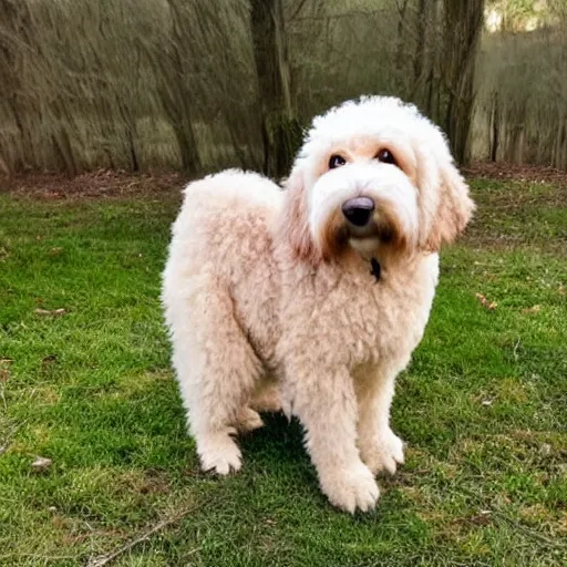 Prompt: photo of a hybrid of a golden doodle and an owl