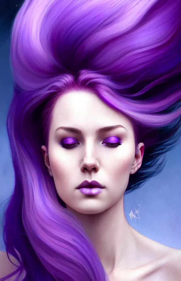 Image similar to Purple hair relistic Portrait of a woman with bright colored flying hair, all shades of purple. 100 mm, Beauty face, Hair coloring, fantasy, intricate, elegant, highly detailed, digital painting, artstation, concept art, smooth, sharp focus, illustration, art by artgerm and greg rutkowski and alphonse mucha