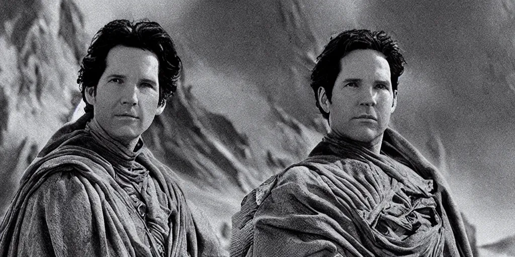 Image similar to Paul Rudd in the movie Dune, black and white matte painting, comic book