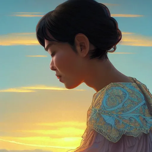 Prompt: Filipino woman with a short hair looking out the window to a beautiful sunset, intricate, highly detailed, digital painting, artstation, concept art, smooth, sharp focus, illustration, Unreal Engine 5, 8K, art by artgerm and greg rutkowski and alphonse mucha