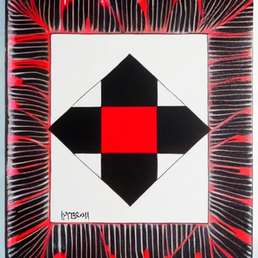 Prompt: op - art painting of red and black square labirinth