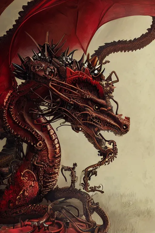 Prompt: The first steampunk dragon, elder, red palette, artstation