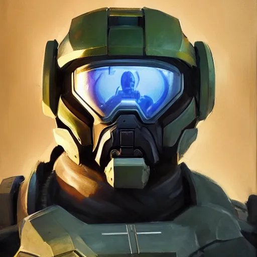 Image similar to greg manchess portrait painting of master chief as overwatch character, medium shot, asymmetrical, profile picture, organic painting, sunny day, matte painting, bold shapes, hard edges, street art, trending on artstation, by huang guangjian and gil elvgren and sachin teng