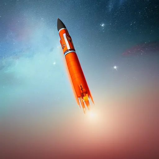 Image similar to orange and white rocket flying through the sky, a digital rendering by christopher moeller, shutterstock contest winner, space art, ue 5, redshift, uhd image