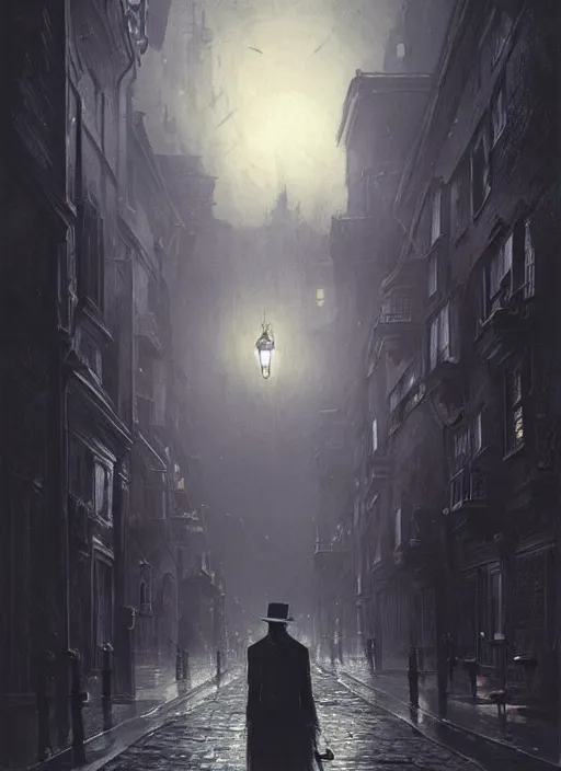 Prompt: A vampire lurks in the shadows of Victorian city in the night, illuminated by gas lamps, hyperdetailed, HD artwork from Artstation, by Greg Rutkowski and Gustav Klint