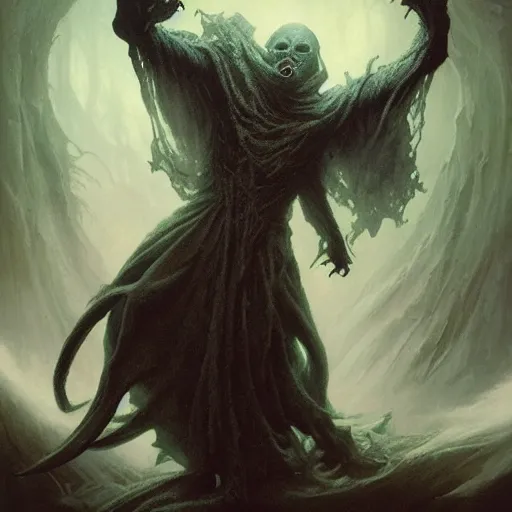 Image similar to head and shoulders portrait of a ghostly spectral wraith, d & d, fantasy, greg rutkowski, frank frazetta, alexandre chaudret, boris vallejo, michael whelan, miro petrov, hr giger, magali villeneuve, donato giancola