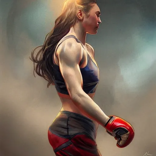 Image similar to female mma fighter, round about to start, intricate, elegant, highly detailed, digital painting, artstation, concept art, smooth, sharp, focus, illustration, art by artgerm and greg rutkowski and alphonse mucha