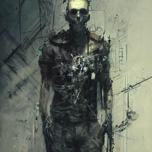 Image similar to cybernetic hunter, cyberpunk, wires, skulls, machines by emil melmoth zdzislaw belsinki craig mullins yoji shinkawa realistic render ominous detailed photo atmospheric by jeremy mann francis bacon and agnes cecile ink drips paint smears digital glitches glitchart