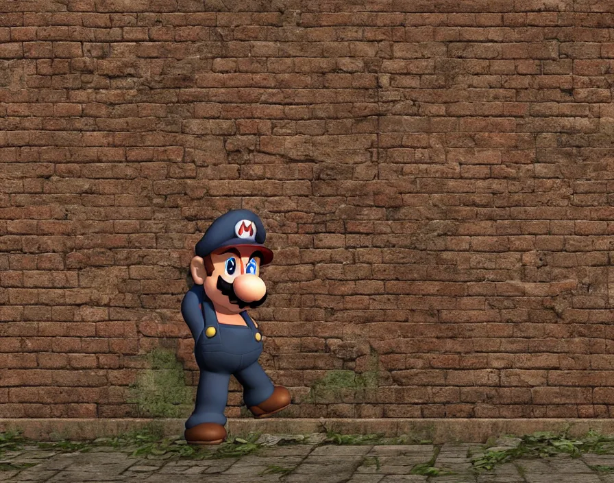 Prompt: mario hiding behind a brick wall, resident evil, silent hill, beautiful texture, beautiful graphics, fantasy artwork, very beautiful scenery, hd, hdr, ue 5, ue 6, unreal engine 5, cinematic 4 k wallpaper, 8 k, ultra detailed