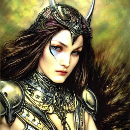 Prompt: realistic detailed face portrait of a beautiful valkyrie warrior in armor by gerald moira, ayami kojima, amano, greg hildebrandt, and mark brooks, female, feminine, art nouveau, victorian, neo - gothic, gothic, character concept design