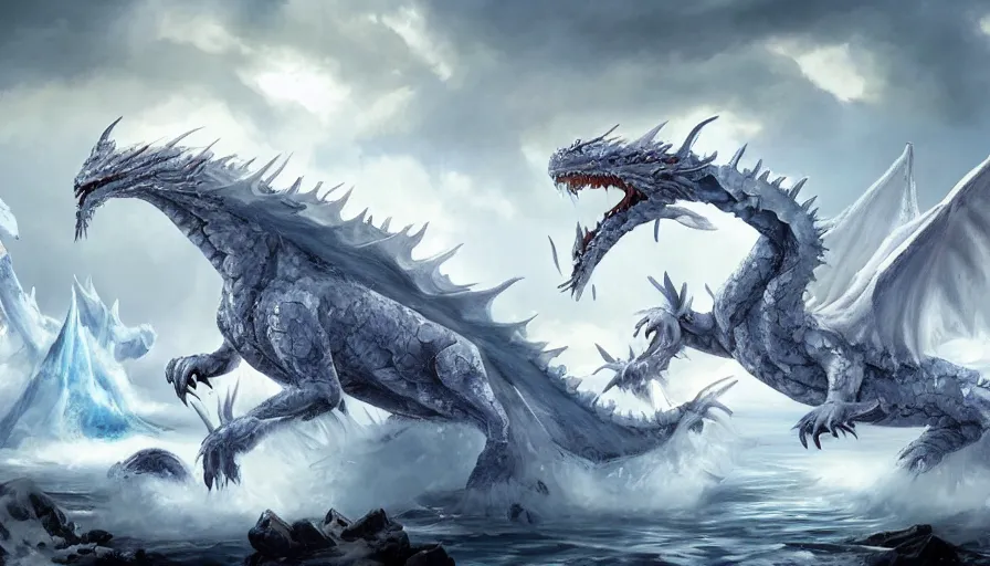 Image similar to epic ice dragon with trendy shapes in a nordic landscape under bright daylight with fluffy clouds, set in the words of the Forgotten Realms and Guildwars2, painted by Hans Fredrik Gude, Greg Rutkowksi and Artgerm, concept art 2022, ultra realistic masterpiece, contrasting details vs blank areas, oil on canvas