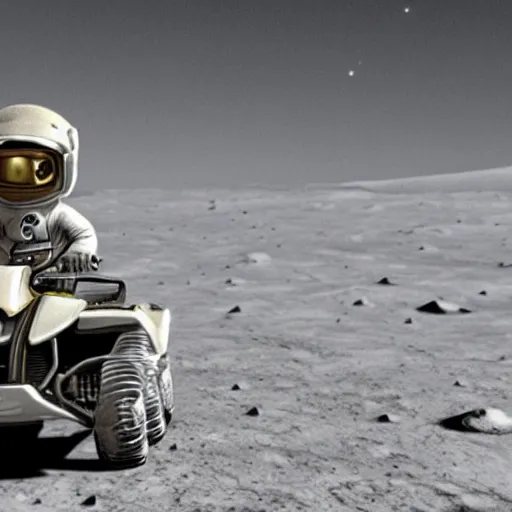 Prompt: render of monkey wearing a space helmet riding an atv on the moon,