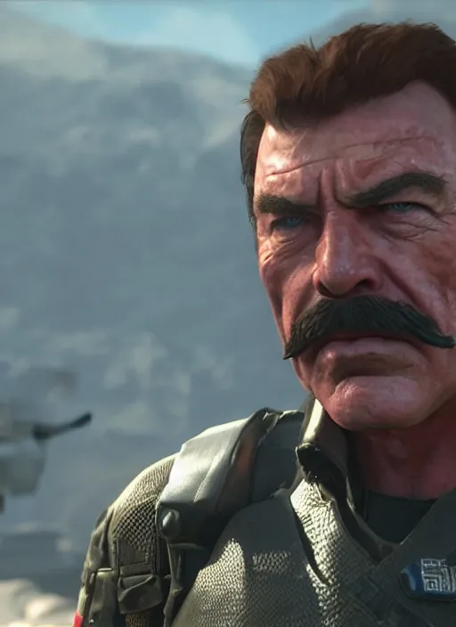 Prompt: film still of tom selleck as snake in metal gear solid the phantom pain, gameplay, 8 k, hd