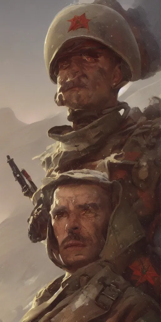 Prompt: character portrait of a wolrd war ii soviet soldier in a thematic landscape in the style of greg rutkowski, darek zabrocki, marcin rubinkowski, lorenzo lanfranconi, oleg zherebin, karlkka, trending on artstation