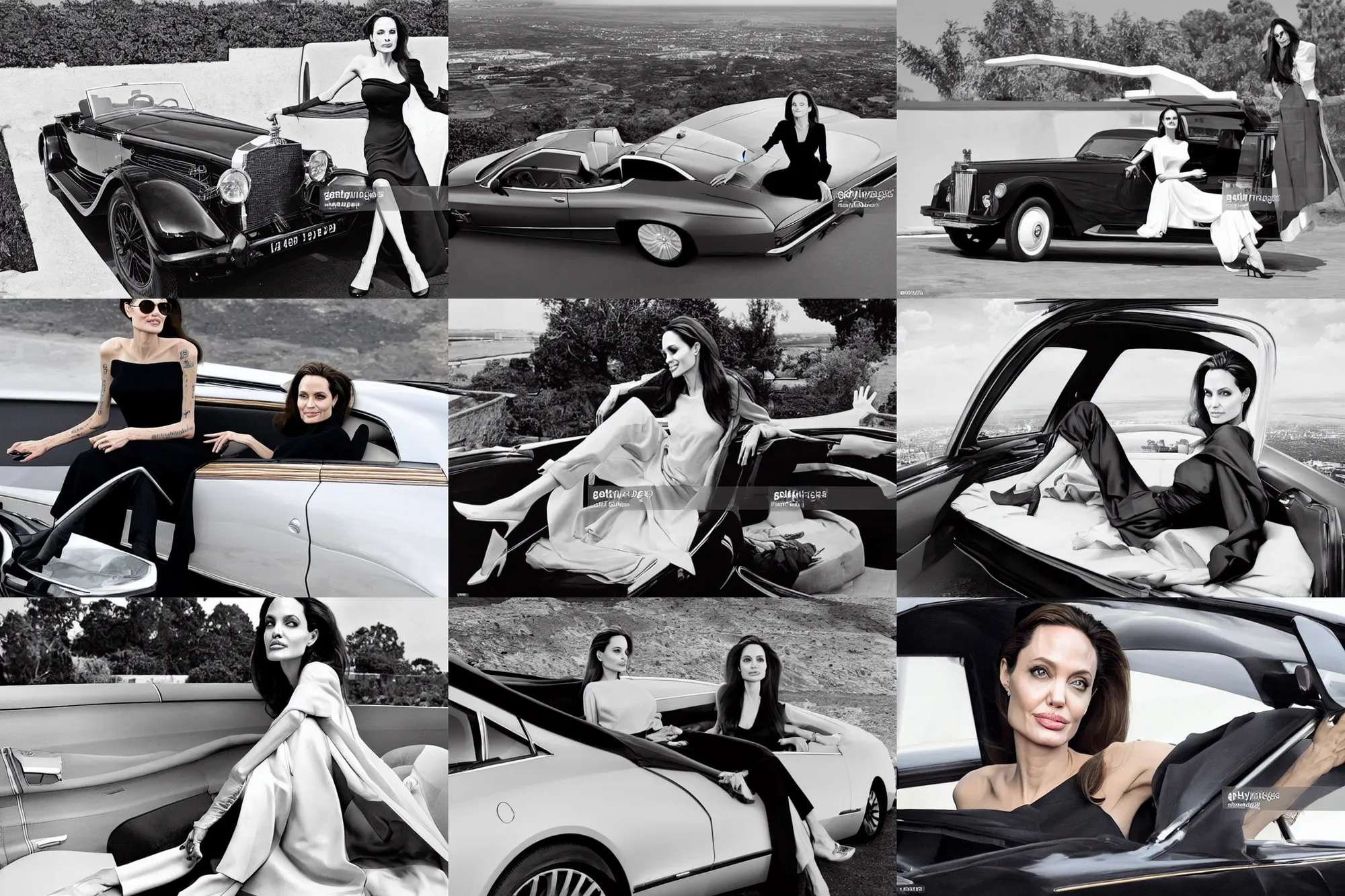 Prompt: angelina jolie sits on the roof of the new maybach 1 9 0 0 ’ s photo