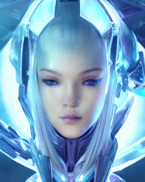 Image similar to perfect android girl on a mothership, warframe armor, beautiful face, scifi, futuristic, galaxy, nebula, raytracing, dreamy, long white hair, blue cyborg eyes, sharp focus, cinematic lighting, highly detailed, artstation, divine, by gauthier leblanc, kazuya takahashi, huifeng huang