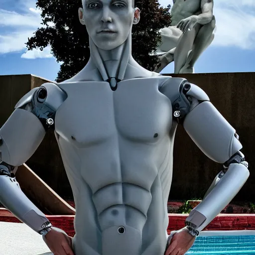 Image similar to a realistic detailed photo of a guy who is an attractive humanoid who is half robot and half humanoid, who is a male android, french actor cyril gossbo, shiny skin, posing like a statue, blank stare, by the pool, on display, showing off his muscles, humanoid robot, frozen ice statue