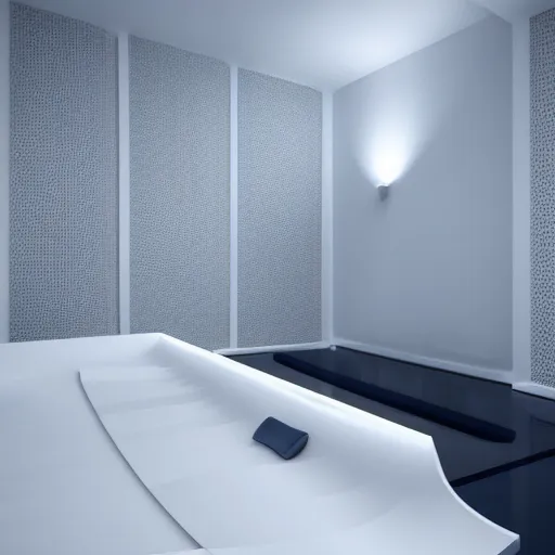 Image similar to white zen clean modern minimalist white room with tiny indoor blue hotspring by peter tarka softly lit well contoured smooth fair walls, up close shot, sharp focus, zen, clean, modern minimalist, zaha hadid octane highly render, 4 k, ultra hd,