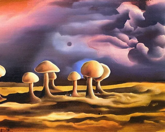 Image similar to A Salvador Dali painting of a small Indiana mushroom farm, Multi Toned, Volumetric Lighting, Dark Sky, Rule of Threes, Award Winning Art