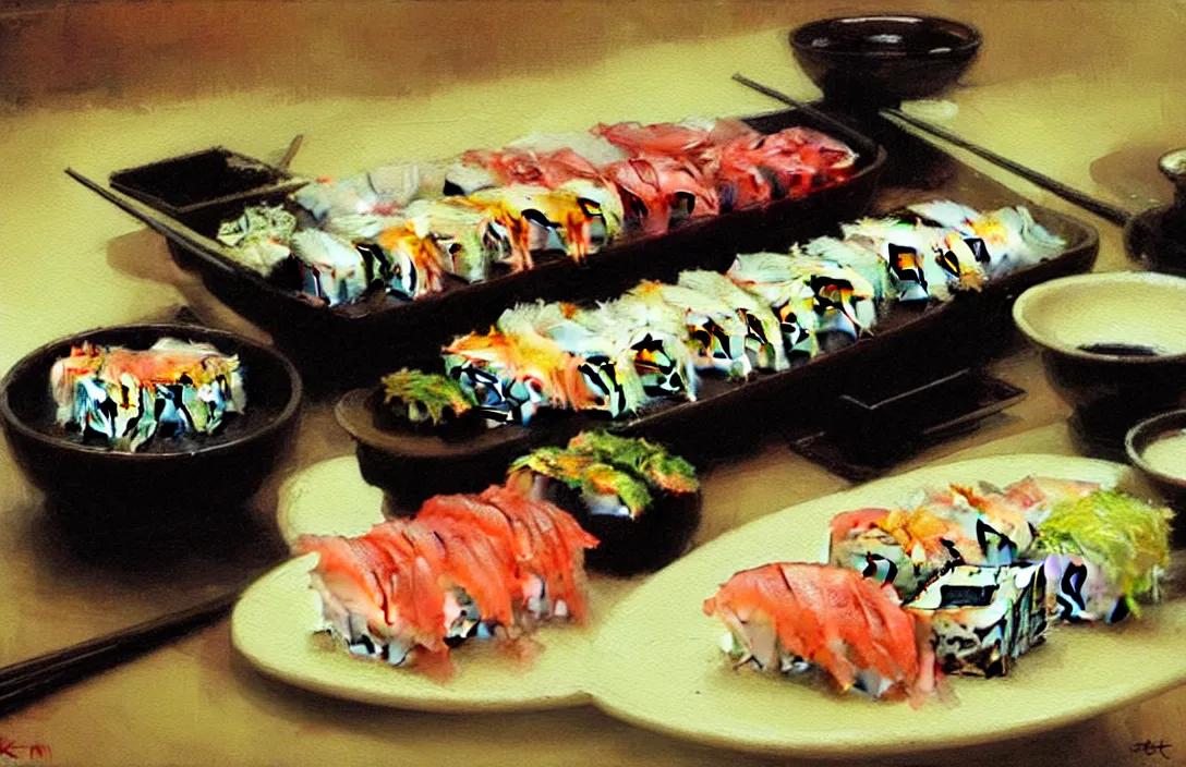 Image similar to a plate of sushi, detailed painting, flat lighting by ilya repin, phil hale and kent williams