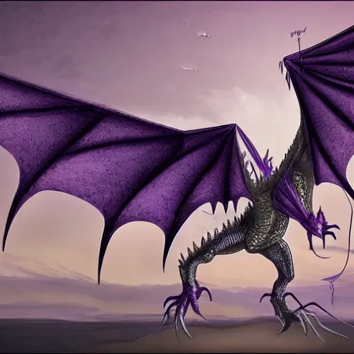 Prompt: a 128 foot tall silver western dragon with purple accents, having a 360 foot long wingspan; The scales smooth and streamlined, while jutting out at the elbows and crest and spine; two wings; long elegant tail; with 4 limbs and 4 claws on each foot; deviantart, furaffinity