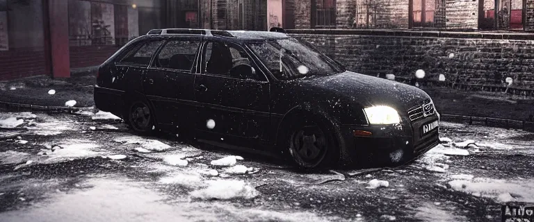 Image similar to Audi A4 B6 Avant (2002), a gritty neo-noir, dramatic lighting, cinematic, eerie person, death, homicide, homicide in the snow, viscera splattered, gunshots, bullet holes, establishing shot, extremely high detail, cracked windows, photorealistic, arson, makeshift grave, cinematic lighting, artstation, by simon stalenhag, Max Payne (PC) (2001) winter New York at night, In the style of Max Payne 1 graphic novel, flashing lights, Poets of the Fall - Late Goodbye