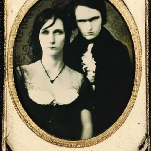 Image similar to Daguerreotype of a post-punk goth couple