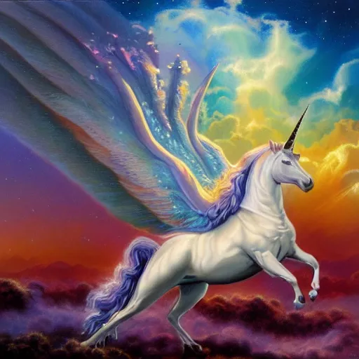 Prompt: an iridescent unicorn with translucent wings frolicking in a field of marijuana, a nebula is in the sky, oil painting by boris vallejo, concept art, highly detailed, high quality, 8 k,