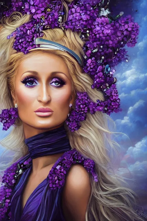 Prompt: closeup portrait fine art photo of the beauty paris hilton, she has a crown of stunning flowers and dress of purple satin and gemstones, background full of stormy clouds, by peter mohrbacher