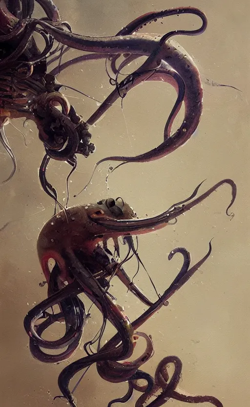 Image similar to a painting of a squid banging the drums with its tentacles, by greg rutkowski, featured on artstation