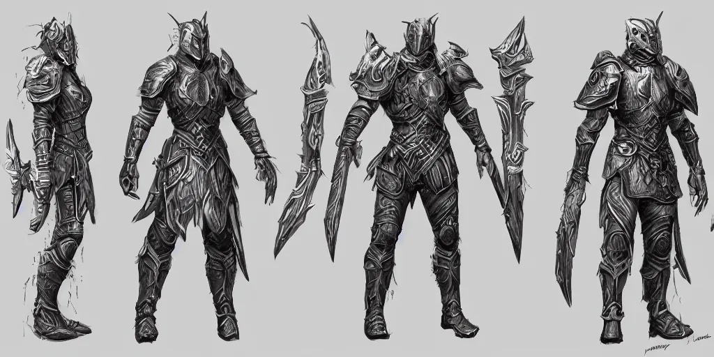 Image similar to concept art character sheet, warrior in armour, trending on artstation, intricate high - details