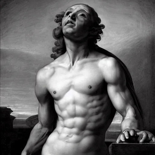 Image similar to grandiloquent enthralling covenant torso of the most dreadful and beautiful ambition bleak future, in the style of David Geddes, Jacques-Louis David, Caravaggio, Élisabeth Vigée Le Brun, dramatic lighting, establishing shot, detailed and clear beautiful realistic faces, 8k resolution – W 1024