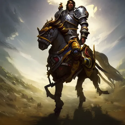 Prompt: a knight riding a horse, sword and shield, yellow theme, bright art masterpiece artstation. 8 k, sharp high quality artwork in style of jose daniel cabrera pena and greg rutkowski, concept art by tooth wu, blizzard warcraft artwork, hearthstone card game artwork, horse rider