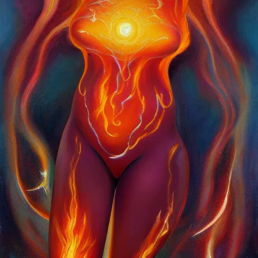 Prompt: A beautiful painting of a female cosmic being with flames as its body by Jim Burns, 8K, ultra-detailed , Trending on artstation.