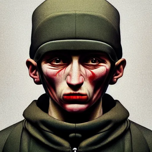 Prompt: Colour Brutal Caravaggio style Photography of Highly detailed brutal Gopnik with detailed face and wearing detailed Ukrainian folk costume designed by Taras Shevchenko also wearing highly detailed retrofuturistic sci-fi Neural interface designed by Josan Gonzalez. Many details In style of Josan Gonzalez and Mike Winkelmann and andgreg rutkowski and alphonse muchaand and Caspar David Friedrich and Stephen Hickman and James Gurney and Hiromasa Ogura. Rendered in Blender and Octane Render volumetric natural light