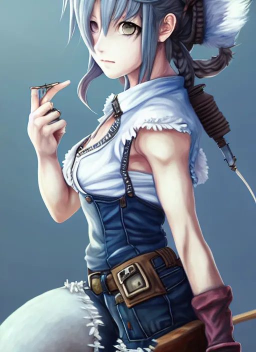 Prompt: a portrait of catgirl wearing white vest, and denim shorts an anime digital art ultrafine detailed painting, detailed painting, detailed eyes!!, final fantasy octopath traveler overlord