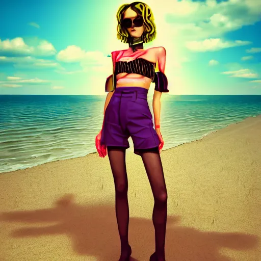 Image similar to fullbody vaporwave art of a fashionable zombie girl at a beach, early 90s cg, 3d render, 80s outrun, low poly, by carpenter brut