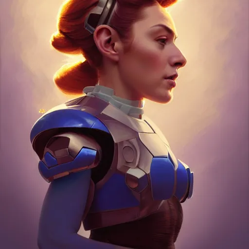 Prompt: head and shoulders portrait of a female Megaman semirealistic, digital illustration, dark fantasy, medium shot, intricate, elegant, highly detailed, digital painting, volumetric light, artstation, concept art, smooth, sharp focus, illustration by Sachin Teng, armor by Donato Giancola, face by Gil Elvgren, paintstrokes by Greg Manchess, background by Alphonse Mucha