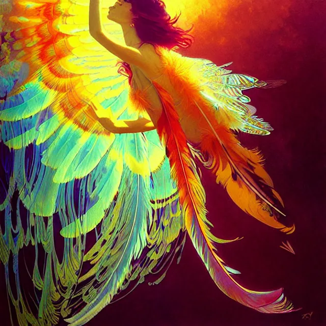 Image similar to psychedelic transcendent feather mind bending psychedelic wings of glossy liquid honey flowing like kaleidoscopic translucent holograph, lsd feathers, feathery fluff, enlightenment, high contrast dappled lighting, refracted sunset, highly detailed, concept art, art by collier, albert aublet, krenz cushart, artem demura, alphonse mucha